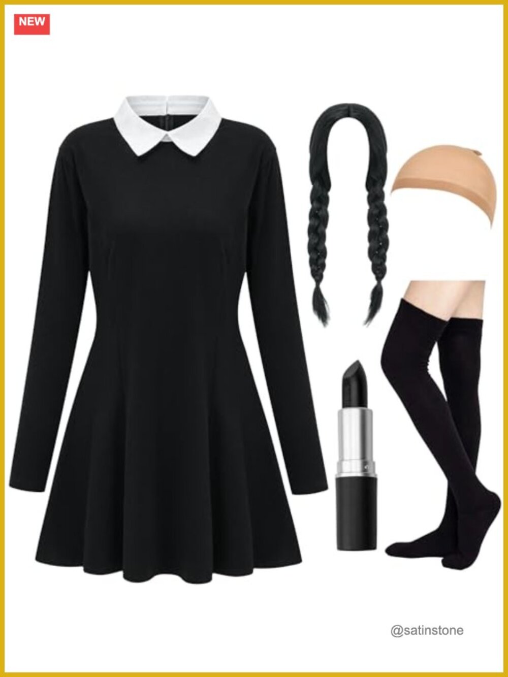 Halloween Costume Set Long Sleeve Peter Pan Collar Dress Wig Socks